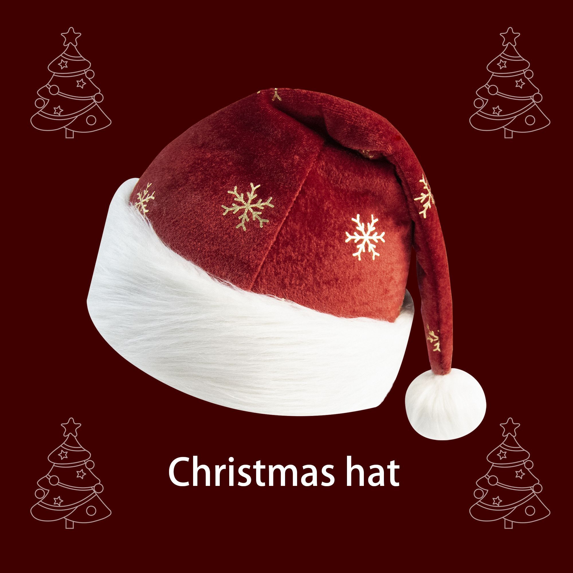 Embroidery Xmas Decorations - Gorro Navideño de Terciopelo Borgoña con
